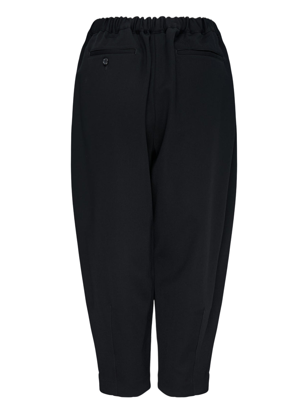 Comme des Garçons Comme des Garçons black tapered cocoon pants with elasticated ruched waistband and cropped narrow hem, front view - view 2
