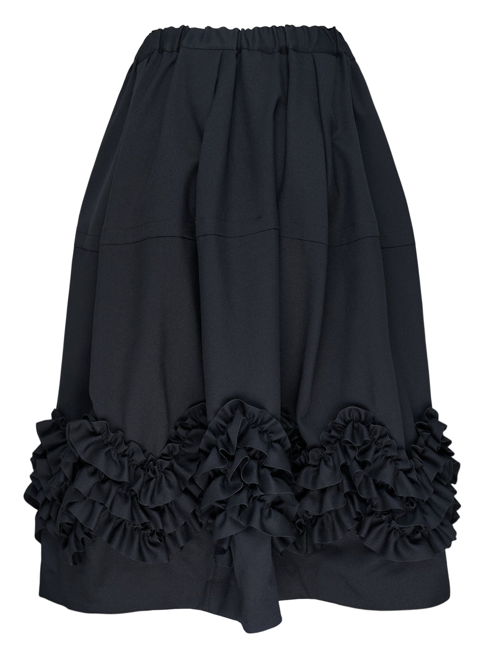 Comme des Garçons Comme des Garçons black balloon midi skirt with elasticated gathered waist, full pleated body, and dramatic multi-tiered ruffle hem trim - view 2