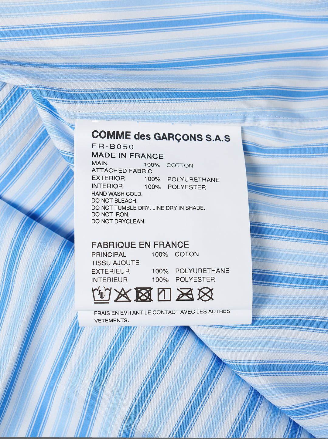 Comme des Garçons Shirt light blue and white striped long sleeve button-up shirt with two oversized metallic gold patch pockets, shown from the front - view 3