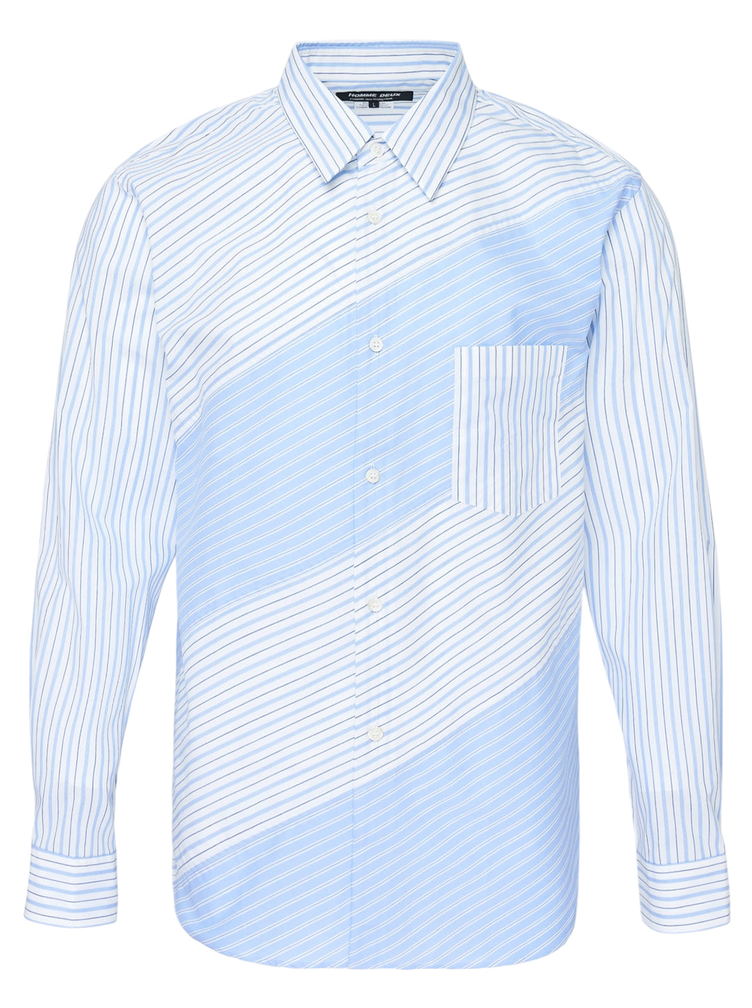 Comme des Garçons Homme Deux long sleeve shirt in blue and white cotton broad stripe with diagonal patchwork panels and a chest pocket