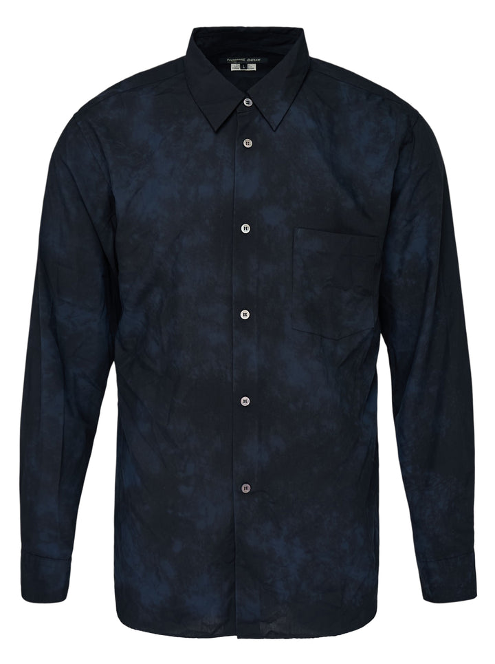 Comme des Garçons Homme Deux long sleeve button-up shirt in navy and black tie-dye with chest pocket, front view