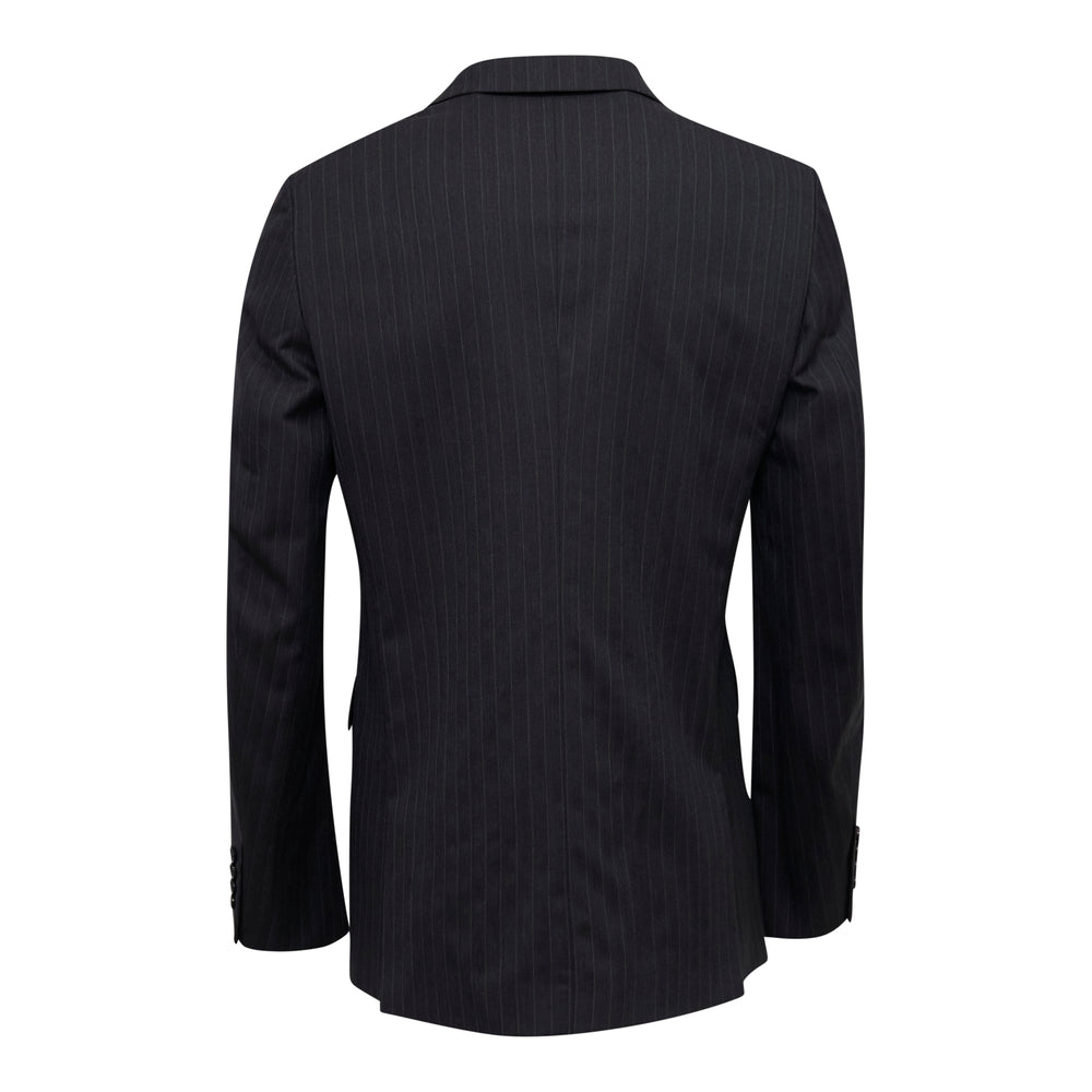 Comme des Garçons Homme Deux dark navy dobby pinstripe wool jacket with six-button closure, layered vest front panel, zip side seams, and notched lapel, displayed on a ghost mannequin against a white background - view 2