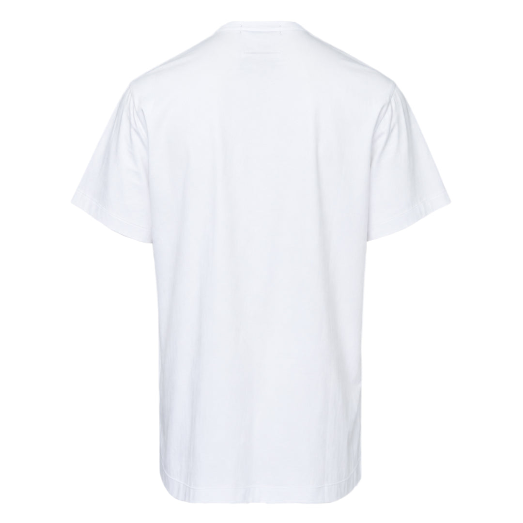Comme des Garçons Homme Deux white cotton jersey tee with large abstract graphic print featuring two humanoid figures in teal and red on the chest