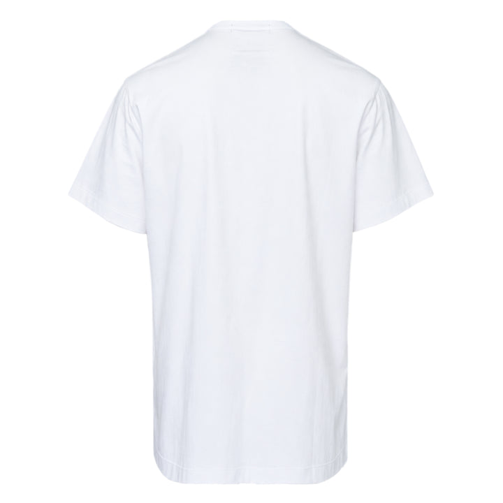 Comme des Garçons Homme Deux white cotton jersey tee with large abstract graphic print featuring two humanoid figures in teal and red on the chest