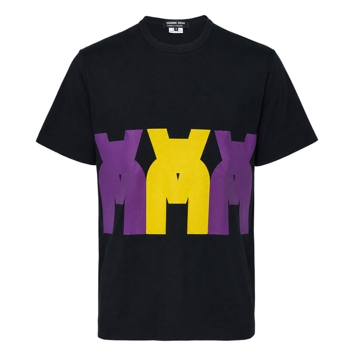 Comme des Garçons Homme Deux black cotton jersey tee with abstract body-print graphic in purple and yellow across the chest, crew neck, short sleeves, relaxed fit
