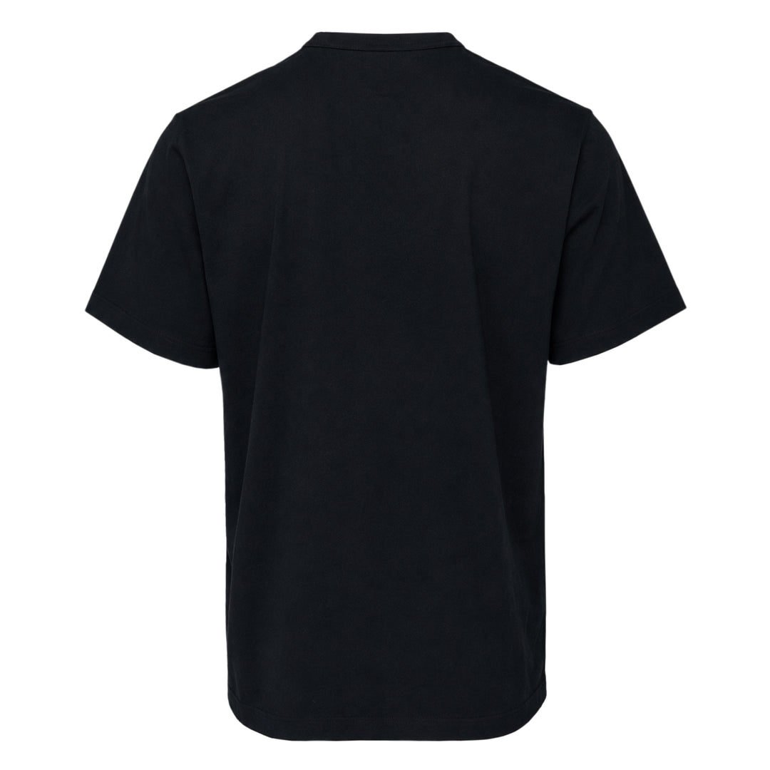 Comme des Garçons Homme Deux black cotton jersey tee with abstract body-print graphic in purple and yellow across the chest, crew neck, short sleeves, relaxed fit