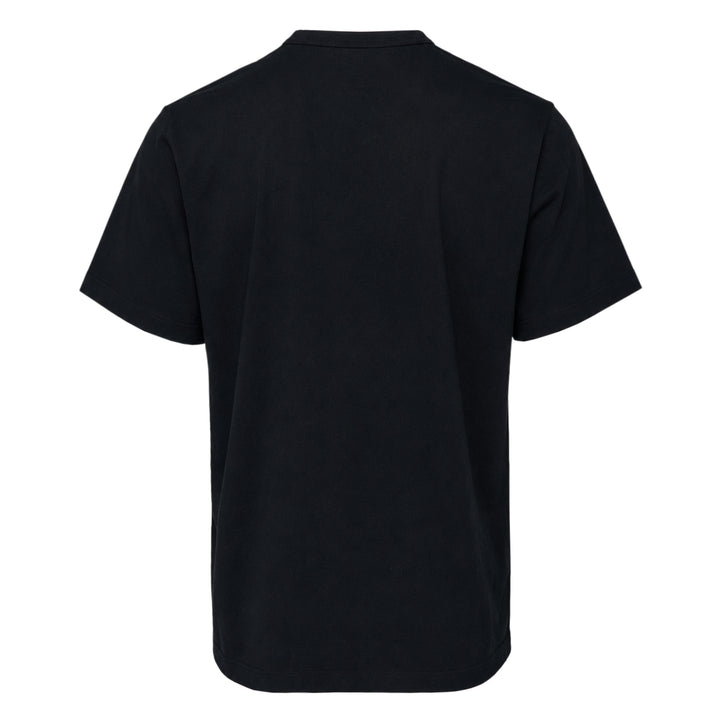 Comme des Garçons Homme Deux black cotton jersey tee with abstract body-print graphic in purple and yellow across the chest, crew neck, short sleeves, relaxed fit