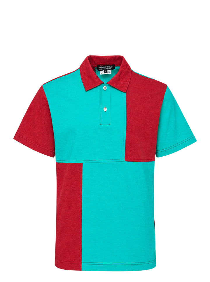 Comme des Garçons Homme Deux colour-block polo shirt in teal and deep red cotton jersey with contrast topstitching and two-button placket