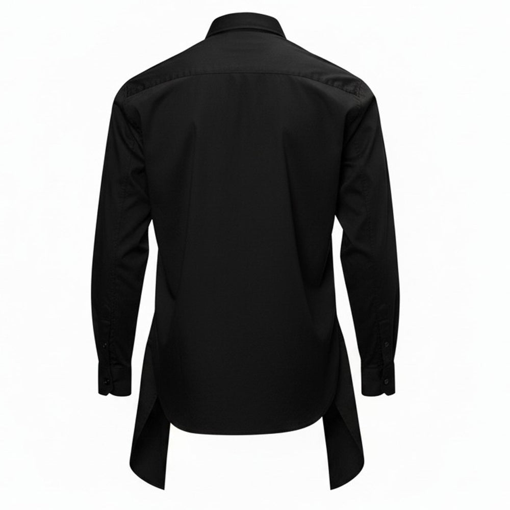 Comme des Garçons Homme Plus black long sleeve shirt with draped and gathered fabric panel at the front torso, silver-tone buttons, point collar, and extended hem with vent - view 2