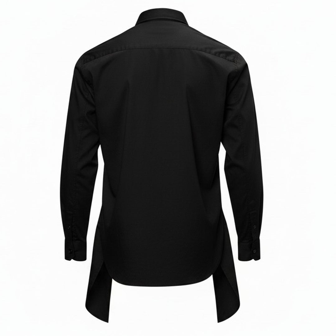 Comme des Garçons Homme Plus black long sleeve shirt with draped and gathered fabric panel at the front torso, silver-tone buttons, point collar, and extended hem with vent - view 2