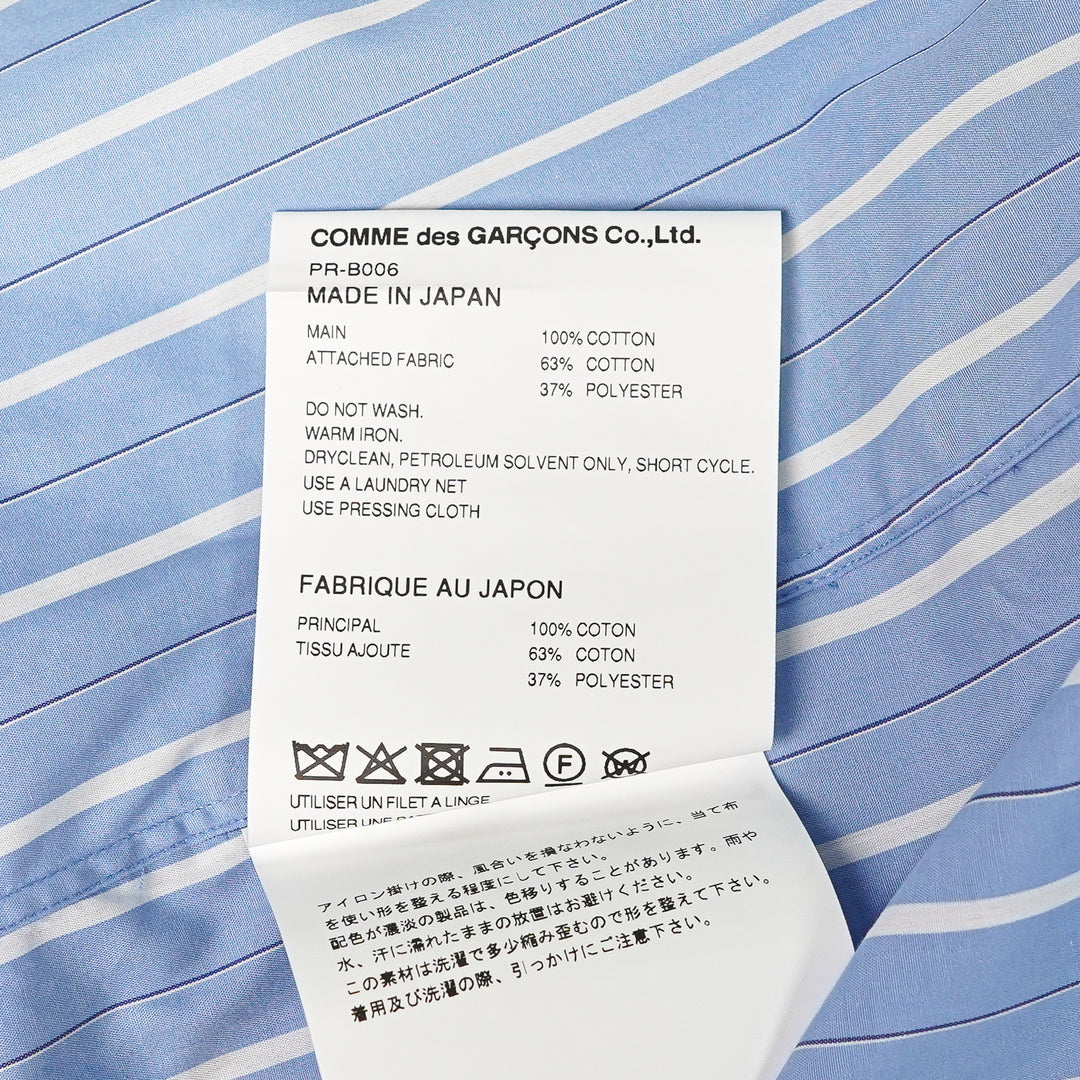Comme des Garçons Homme Plus cotton broad stripe long sleeve shirt in sky blue with white pinstripes, featuring a relaxed fit, point collar, concealed button placket, and chest patch pocket - view 3