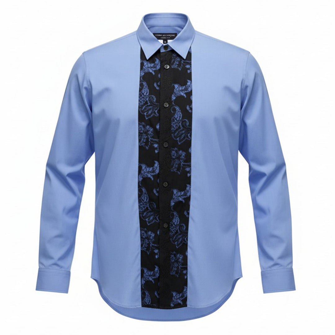 Comme des Garçons Homme Plus long sleeve cornflower blue cotton shirt with black and blue floral jacquard contrast panel down the centre front placket