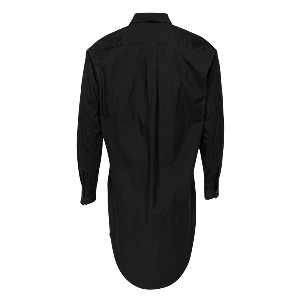 Comme des Garçons Homme Plus black cotton broad long sleeve shirt with high-low hem, contrast silver buttons, point collar, and a curved extended back tail, displayed flat on a white background - view 2