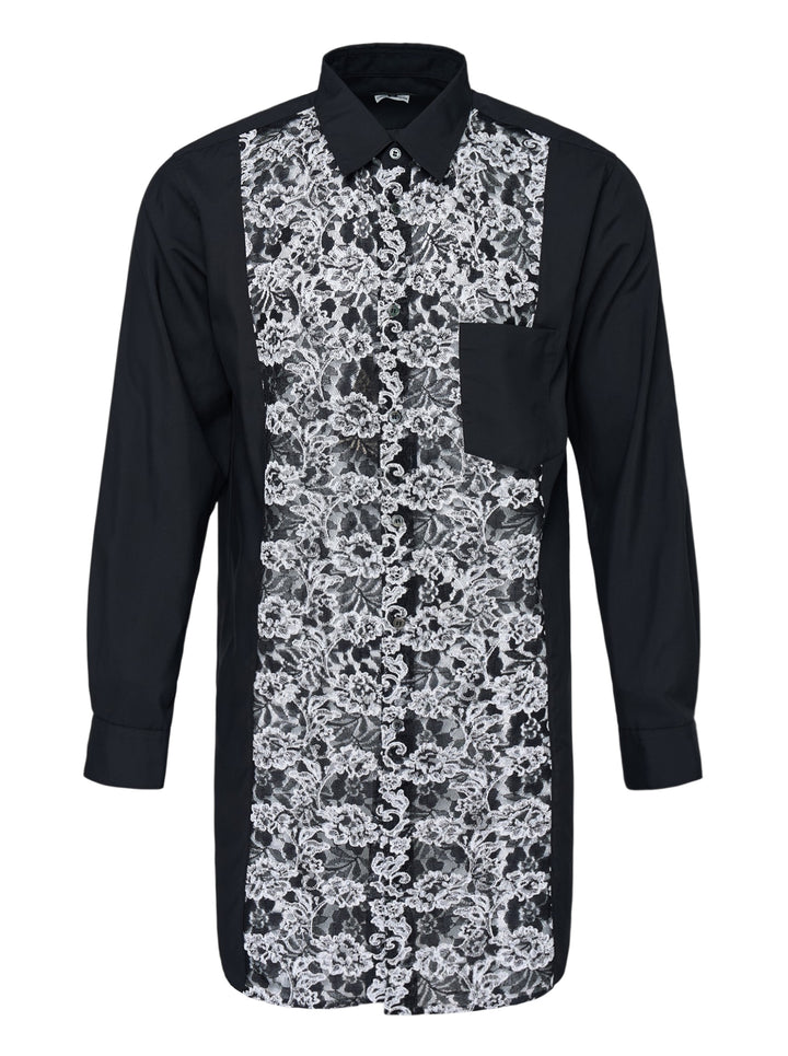 Comme des Garçons Homme Plus black long sleeve shirt with a sheer white floral lace front panel and chest pocket
