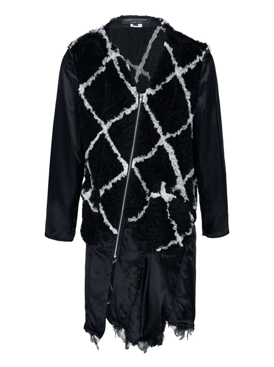Comme des Garçons Homme Plus longline zip coat with diamond-pattern tulle embroidery, satin sleeves and a frayed asymmetric hem