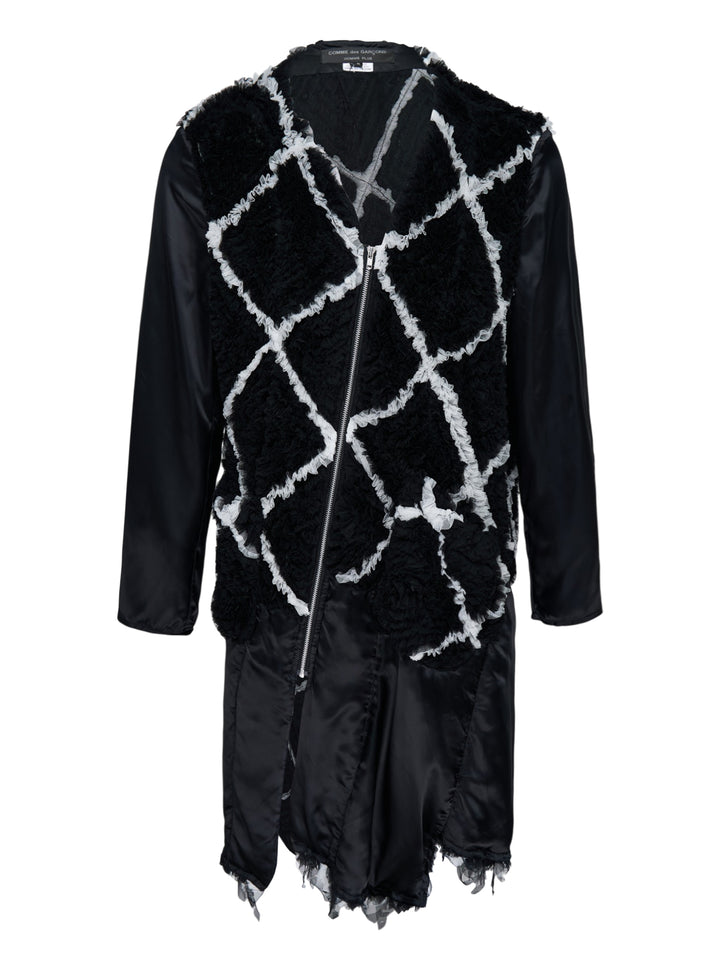 Comme des Garçons Homme Plus longline zip coat with diamond-pattern tulle embroidery, satin sleeves and a frayed asymmetric hem