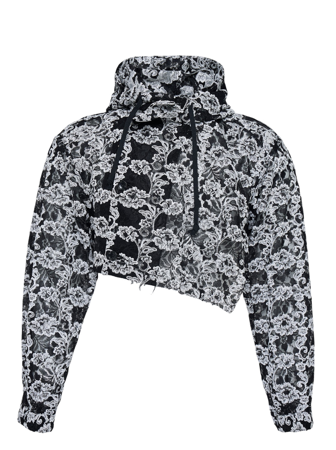 Comme des Garçons Homme Plus cropped hooded jacket in black and white floral embroidered nylon tulle with asymmetric raw hem and drawstring hood