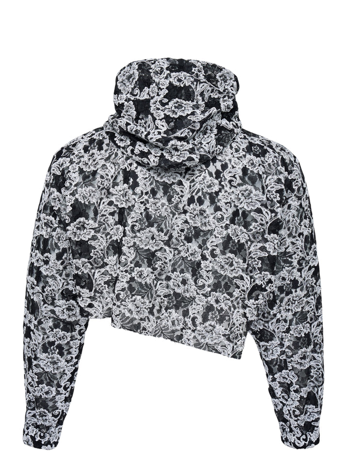 Comme des Garçons Homme Plus cropped hooded jacket in black and white floral embroidered nylon tulle with asymmetric raw hem and drawstring hood - view 2