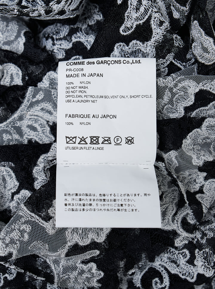 Comme des Garçons Homme Plus cropped hooded jacket in black and white floral embroidered nylon tulle with asymmetric raw hem and drawstring hood - view 3