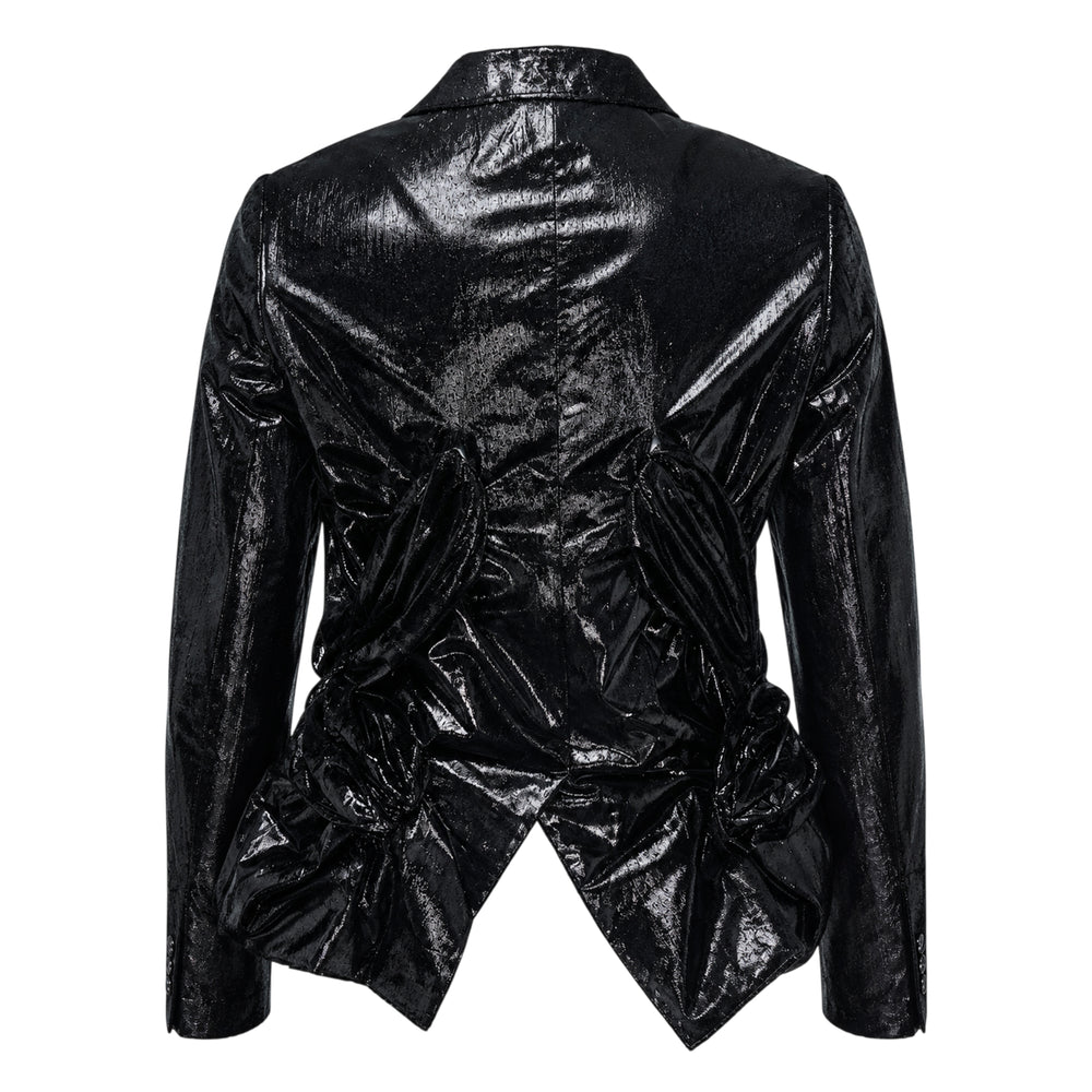 Comme des Garçons Homme Plus black lacquered velvet blazer with notched lapels, two-button closure, and sculptural ruched patch pockets - view 2