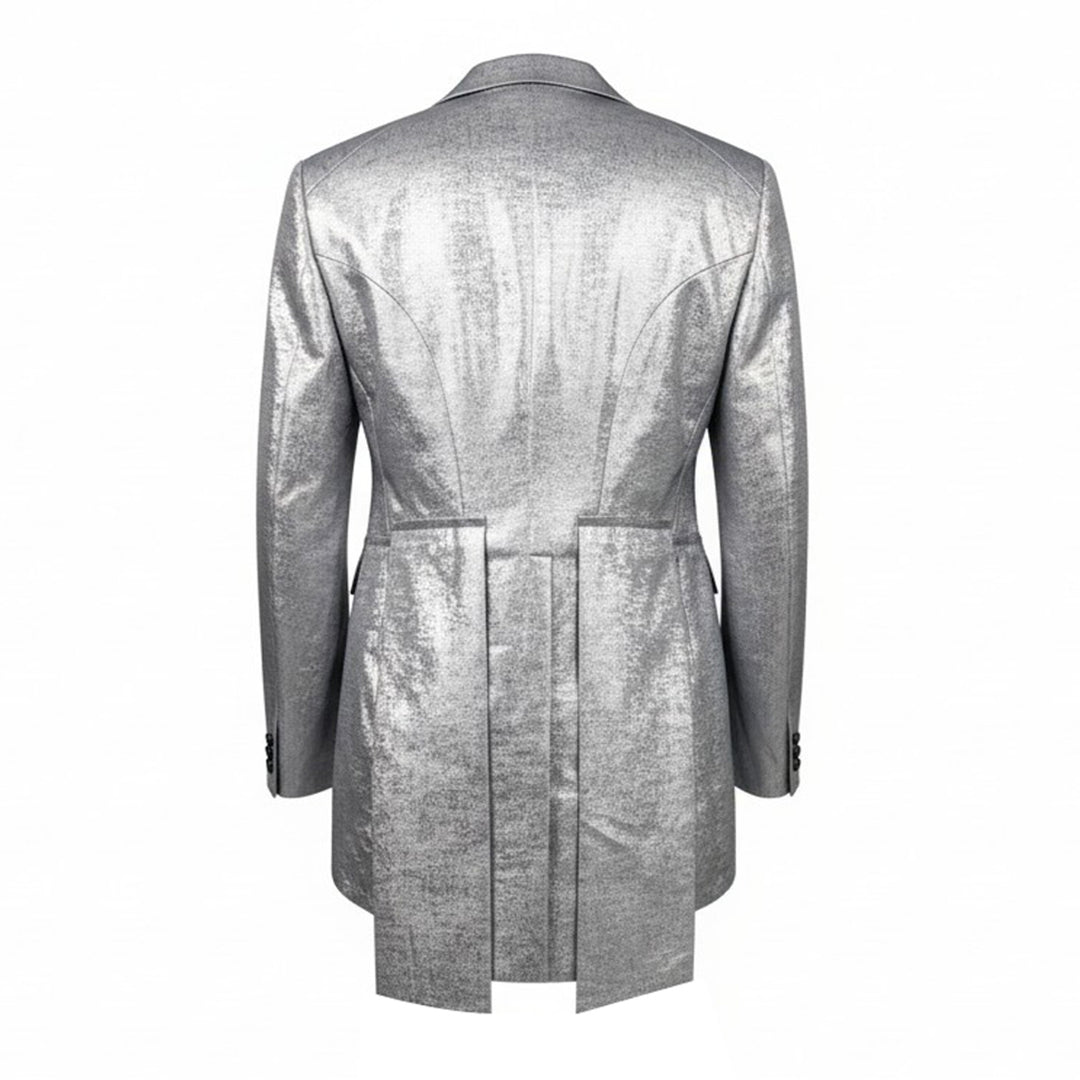 Comme des Garçons Homme Plus silver foil print polyester georgette tailcoat jacket with peak lapels, single-button closure, and dramatic split tails with black lining - view 2