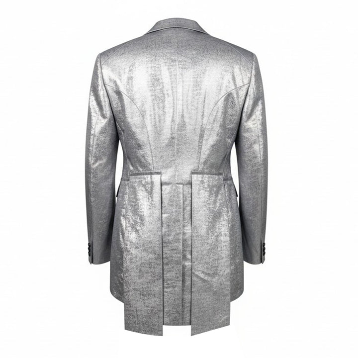 Comme des Garçons Homme Plus silver foil print polyester georgette tailcoat jacket with peak lapels, single-button closure, and dramatic split tails with black lining - view 2