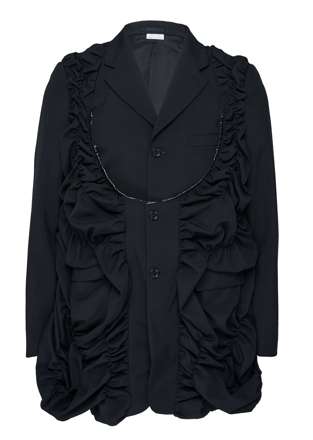 Black Comme des Garçons Homme Plus wool tropical jacket with ruched gathered panels and a raw-edged U-shaped front panel