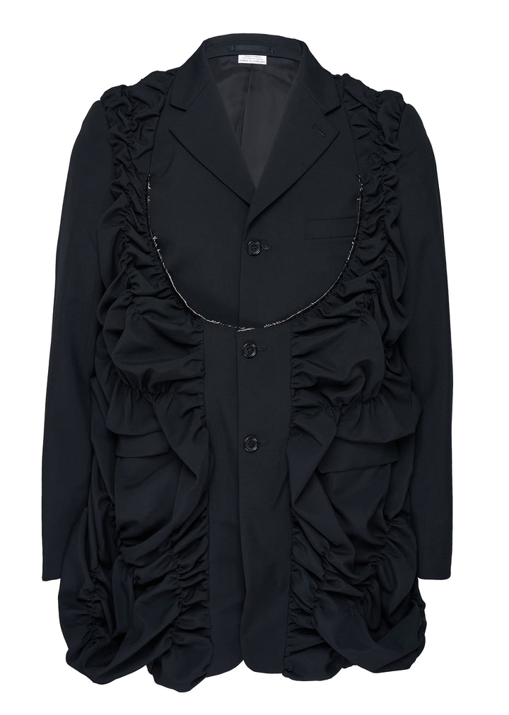 Black Comme des Garçons Homme Plus wool tropical jacket with ruched gathered panels and a raw-edged U-shaped front panel