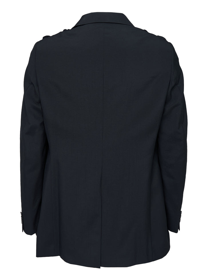 Black Comme des Garçons Homme Plus wool tropical jacket with ruched gathered panels and a raw-edged U-shaped front panel - view 2