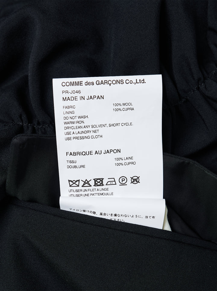 Black Comme des Garçons Homme Plus wool tropical jacket with ruched gathered panels and a raw-edged U-shaped front panel - view 3