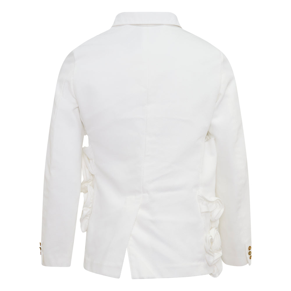 Comme des Garçons Homme Plus white heavy kersey blazer with cascading sculptural ruffle appliqué across the lower front, notched lapel with ribbed trim, and gold-tone button fastening, photographed flat on a white background - view 2