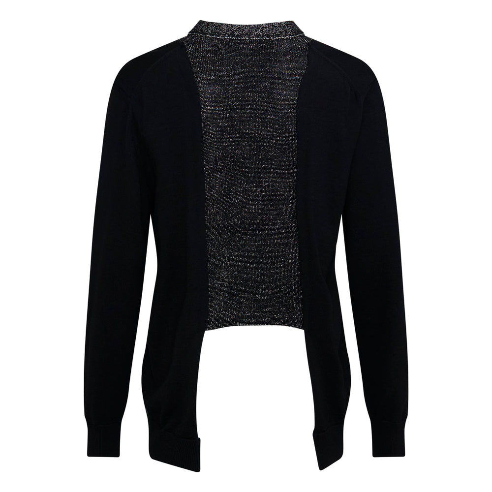 Comme des Garçons Homme Plus black wool jersey cardigan with asymmetric metallic lurex contrast panel and button fastening, front view on white background - view 2