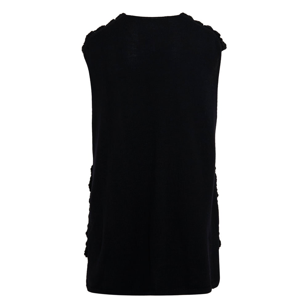Comme des Garçons Homme Plus black wool and acrylic roving crochet open-weave sleeveless knit vest with ribbed crewneck collar, flat lay on white background - view 2