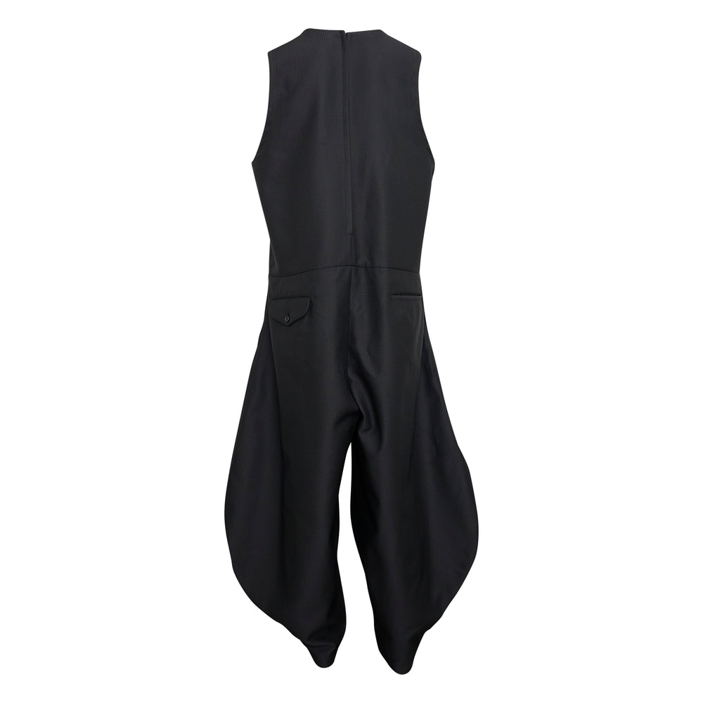 Comme des Garçons Homme Plus black polyester dobby cloth sleeveless harem jumpsuit with dramatically ballooned lower silhouette and cropped gathered leg openings, shown flat on white background - view 2