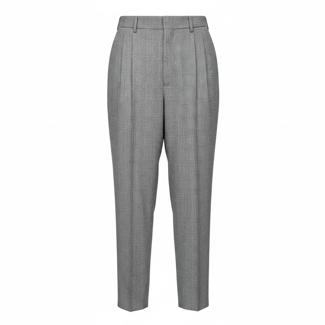 Comme des Garçons Homme Plus grey wool glen-check double-pleat tapered trousers on a white background, front view