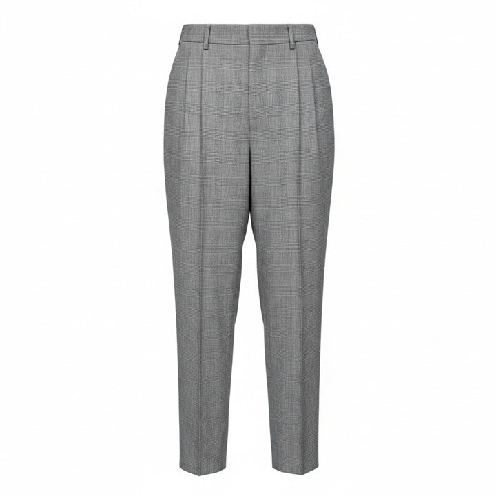 Comme des Garçons Homme Plus grey wool glen-check double-pleat tapered trousers on a white background, front view