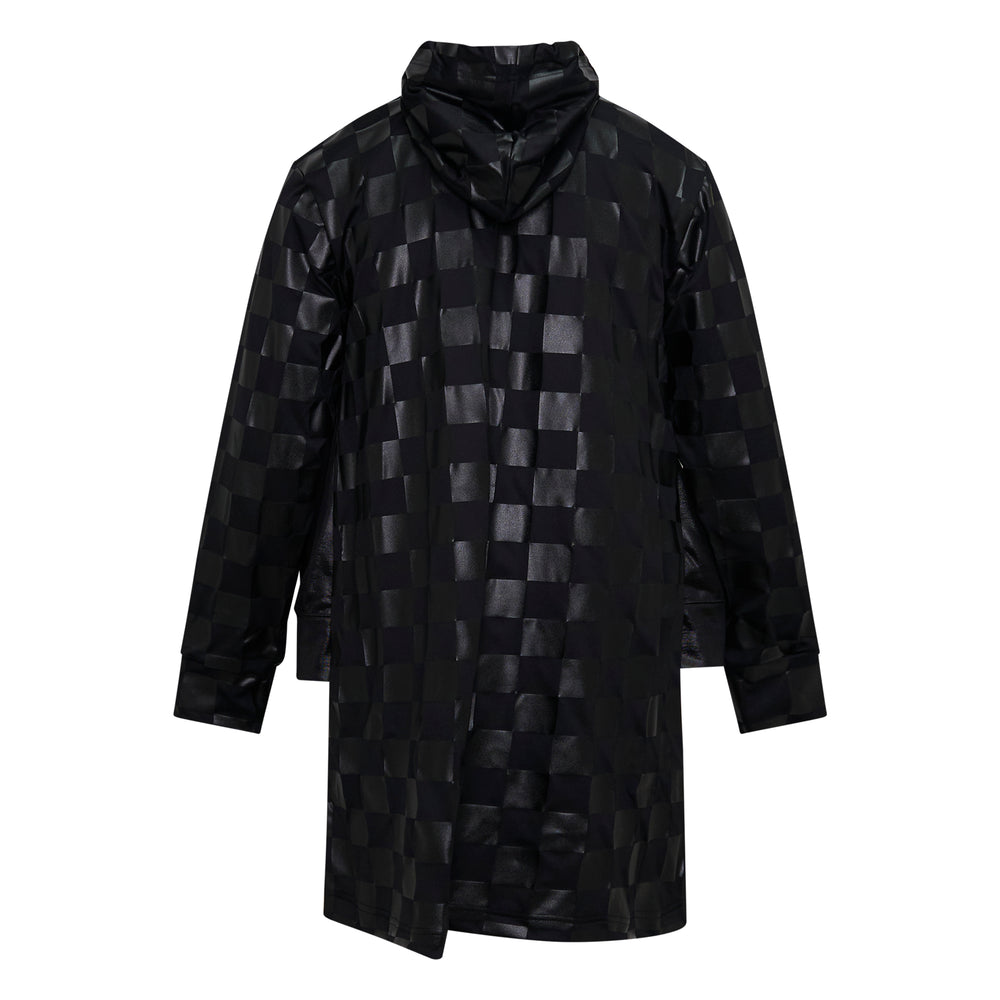 Comme des Garçons Homme Plus glossy black PU checkerboard print hooded zip jacket with attached skirt hem extension, displayed flat on white background - view 2