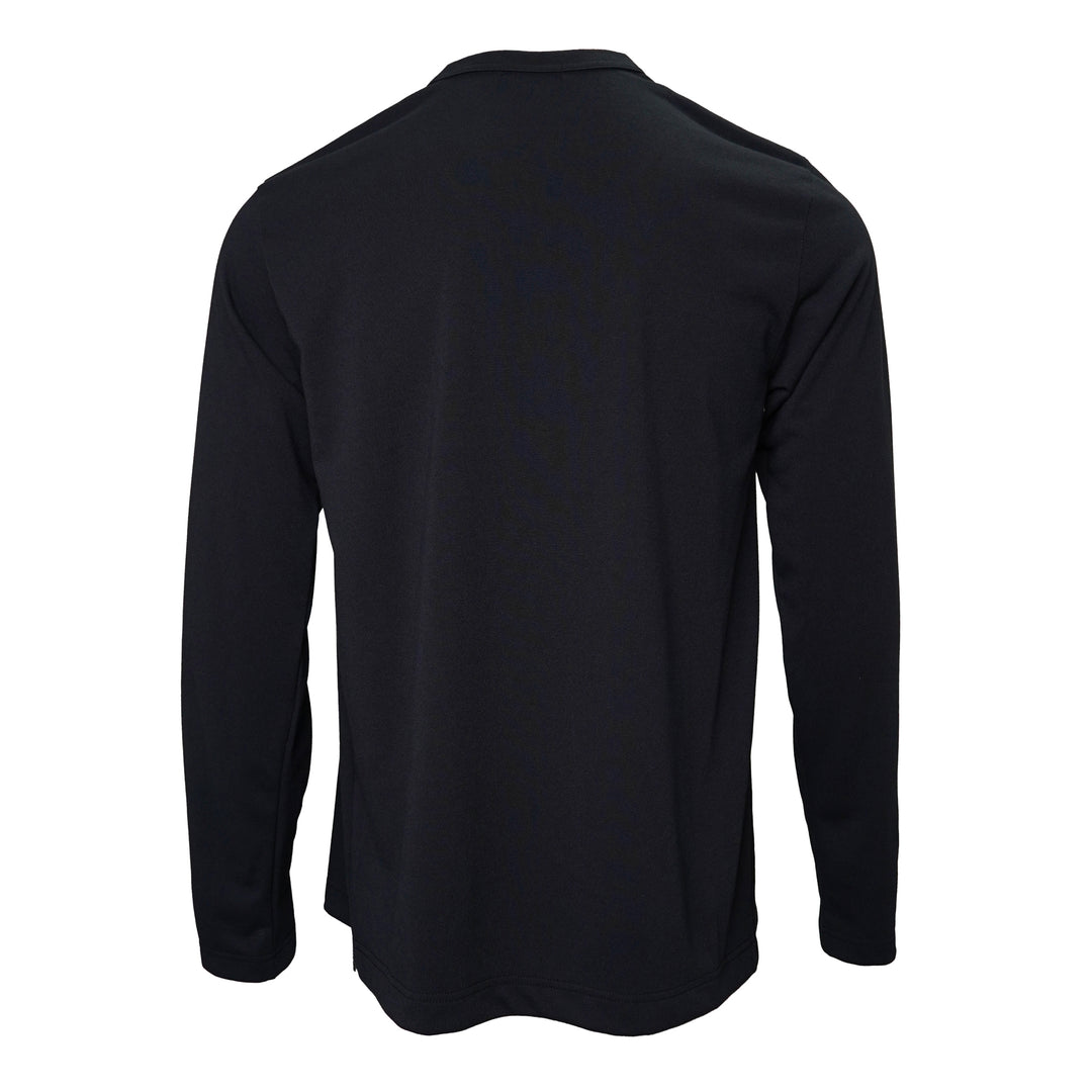 Comme des Garçons Homme Plus black long-sleeve polyester jersey tee with sculptural curved overlay bib panel and open split hem, displayed flat on white background - view 2