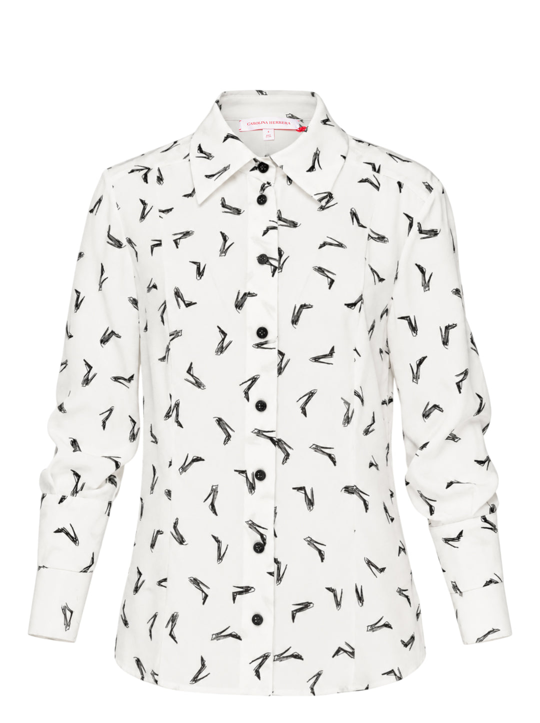 Carolina Herrera Good Girl Shoe long-sleeve button-up blouse in ivory with an all-over black stiletto sketch print, black buttons, and a structured point collar