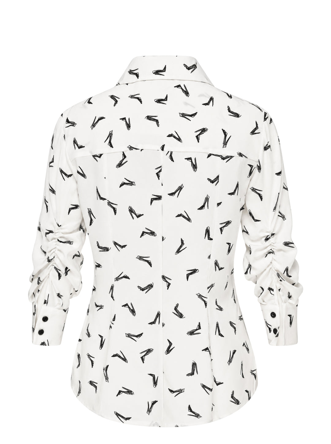 Carolina Herrera Good Girl Shoe long-sleeve button-up blouse in ivory with an all-over black stiletto sketch print, black buttons, and a structured point collar - view 2