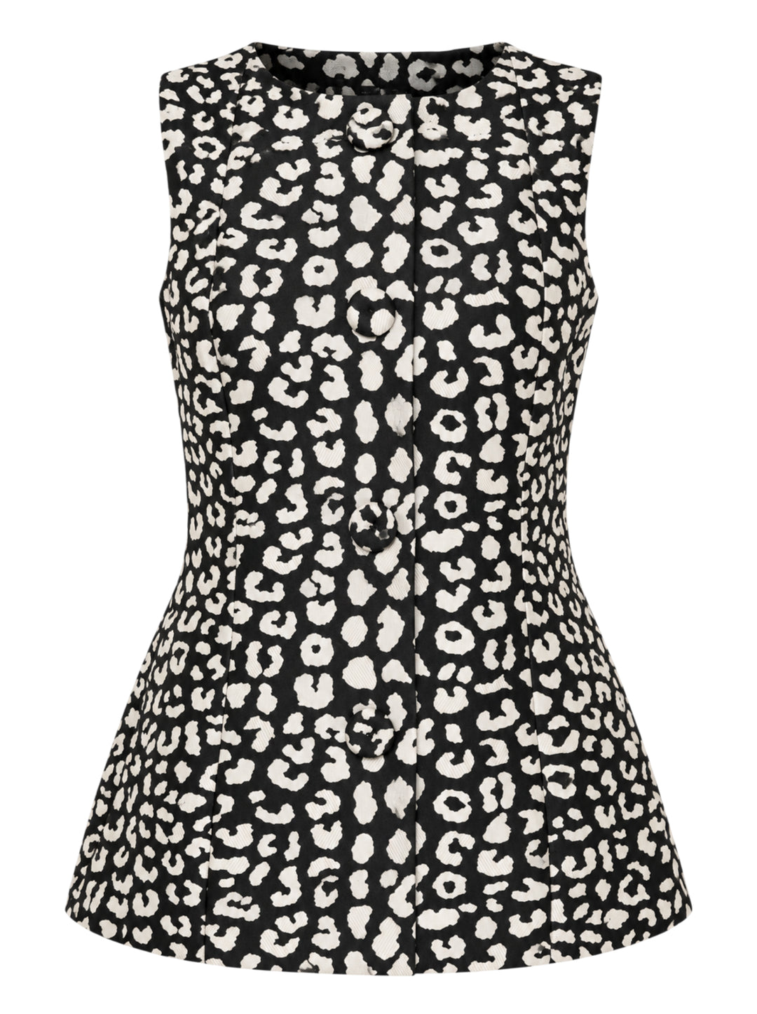 Carolina Herrera sleeveless boatneck top in black-and-ivory leopard jacquard, featuring a centre-front covered button placket, fitted waist, and flared peplum hem with box pleats