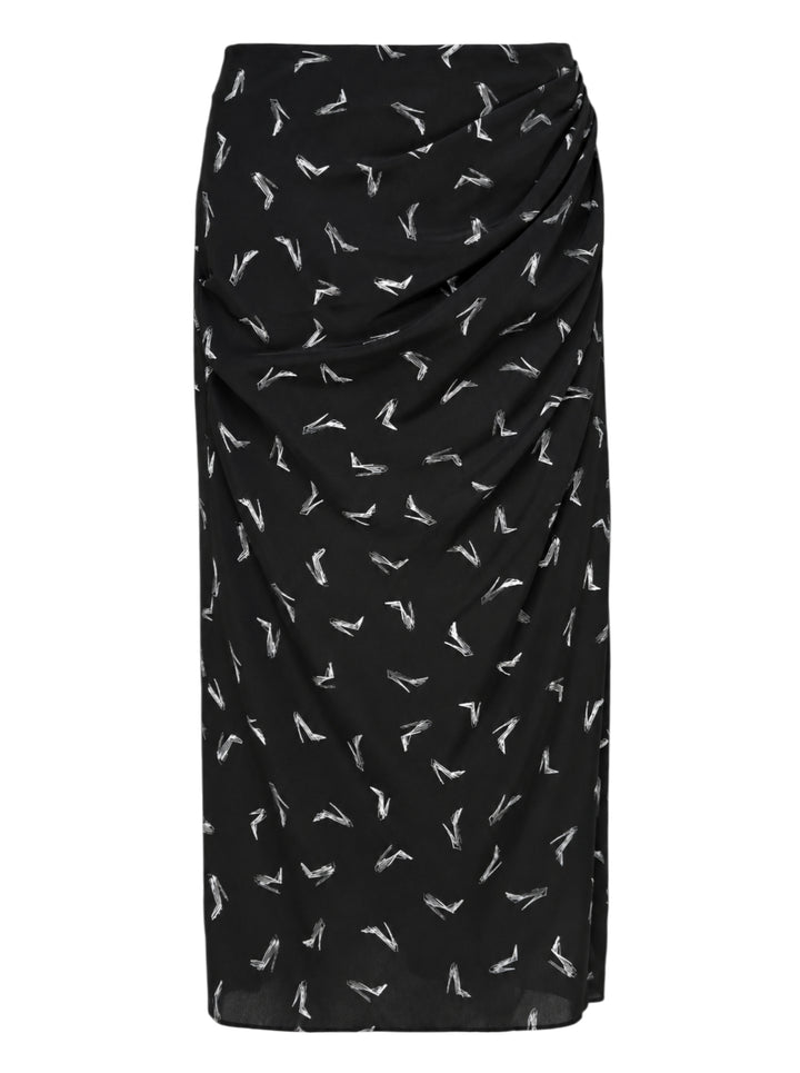Carolina Herrera Good Girl Shoe Print Midi Skirt in black with white stiletto brushstroke print and draped ruching at the hip