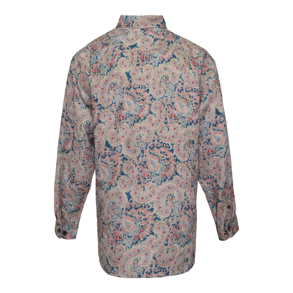 Dries Van Noten loose fit long sleeve shirt in an all-over navy and rose paisley print with button-down collar and dual chest pockets