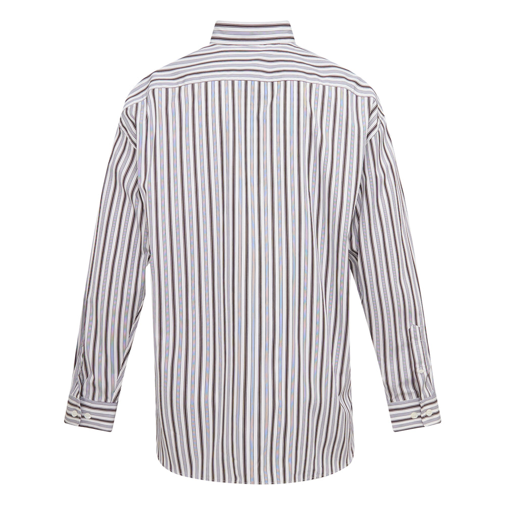 Dries Van Noten loose fit long sleeve shirt in multicolour vertical stripes with a classic collar, white button-through front, and striped barrel cuffs, photographed flat on a white background. - view 2