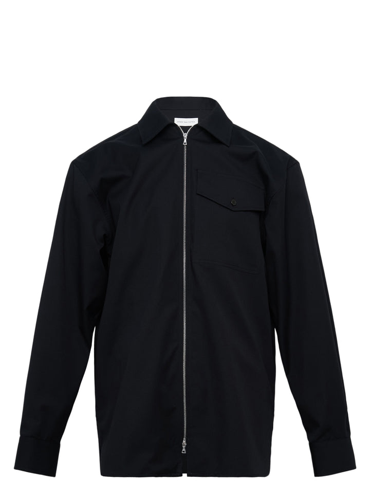 Dries Van Noten black loose fit long sleeve zipped overshirt with silver zip fastening, spread collar, and chest flap pocket with snap button