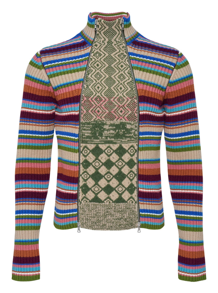 Dries Van Noten fitted rib cardigan with multicoloured horizontal stripes, a green and beige jacquard front panel, and dual zip closure