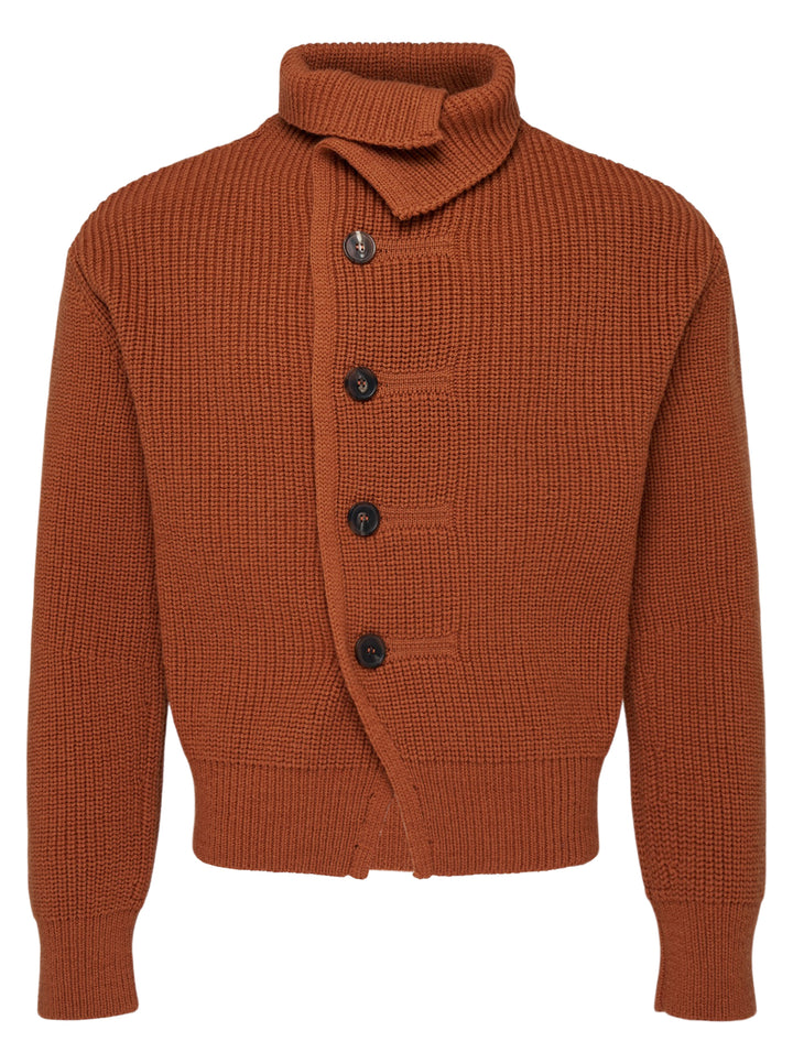 Dries Van Noten rust-toned ribbed knit cardigan with asymmetric button placket and draped funnel collar