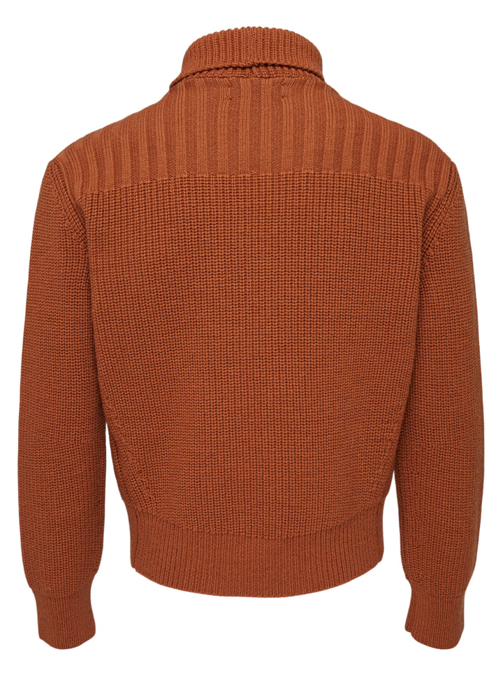 Dries Van Noten rust-toned ribbed knit cardigan with asymmetric button placket and draped funnel collar - view 2