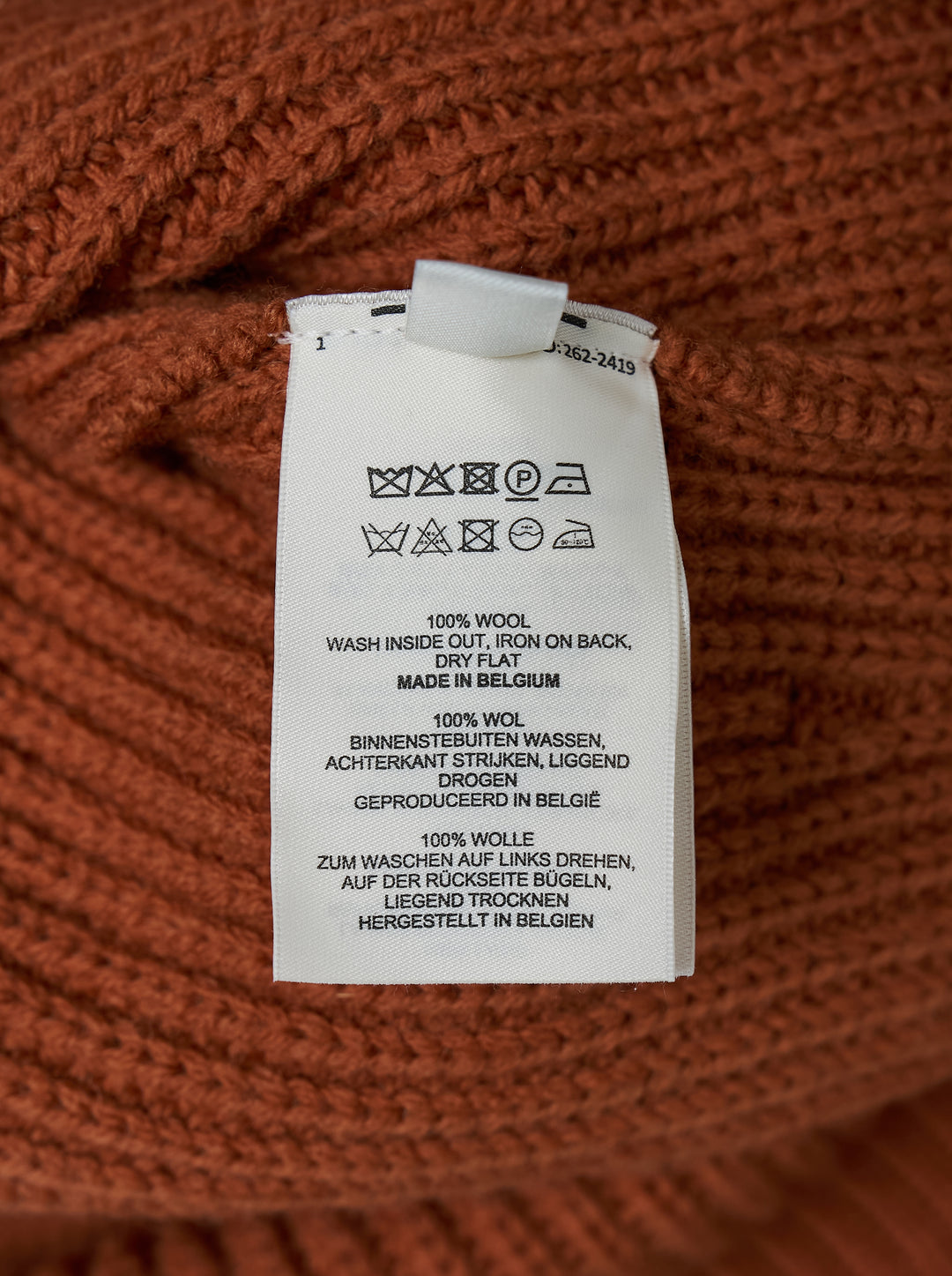 Dries Van Noten rust-toned ribbed knit cardigan with asymmetric button placket and draped funnel collar - view 3