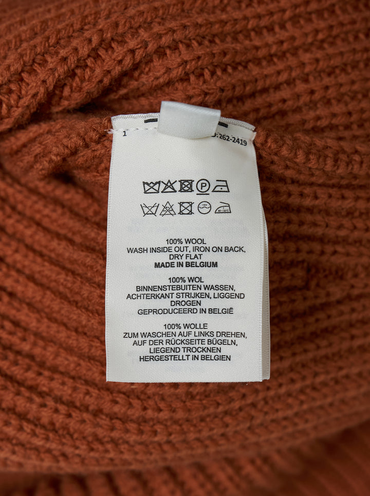 Dries Van Noten rust-toned ribbed knit cardigan with asymmetric button placket and draped funnel collar - view 3